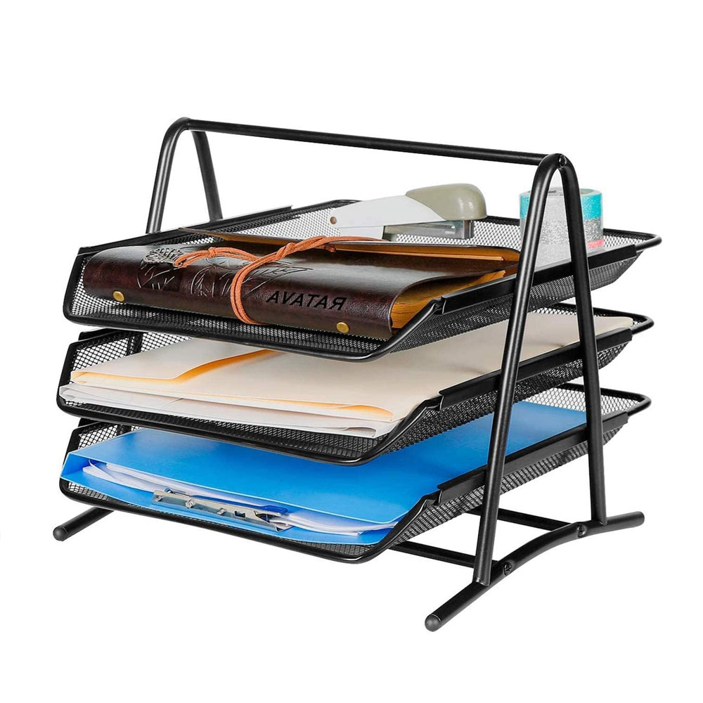 Desktop Filing Tray - Dreistufiger Schiebe-Desktop-Aktenorganizer, Metallgitter-Akten-/Dokument-/Brief-/A4-Desktop-Aktenhalter mit Schiebeteilern -