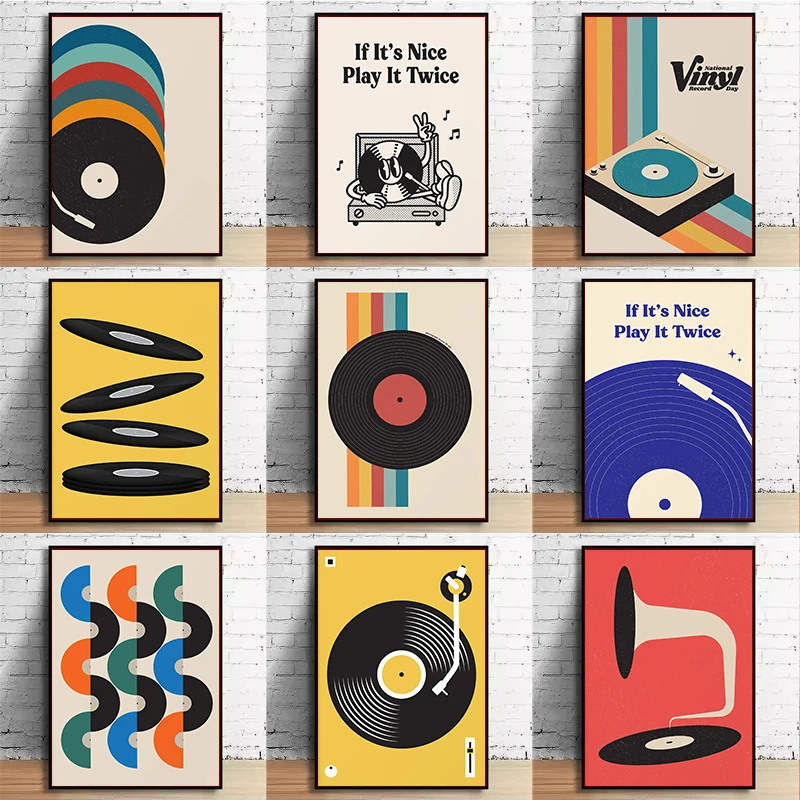 Office Furniture Design - Mid-Century Vinyl-Schallplatten-Leinwand-Wandkunstdruck, ungerahmtes minimalistisches Musik-Pastell-Poster für